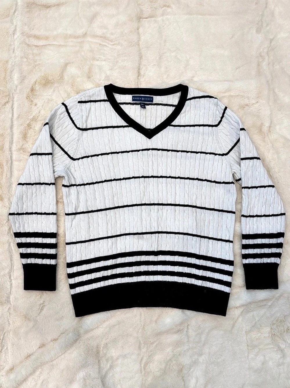 Karen Scott Striped V-Neck Cotton Sweater White & Black Size PXL